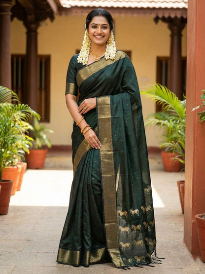 Dark green silk saree with wide gold zari border and woven horse motif