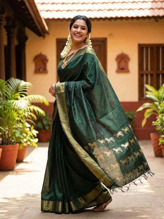 Dark green silk saree with wide gold zari border and woven horse motif
