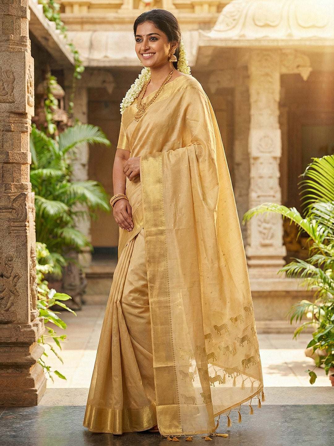 Beige gold silk saree with traditional zari border and horse pallu design