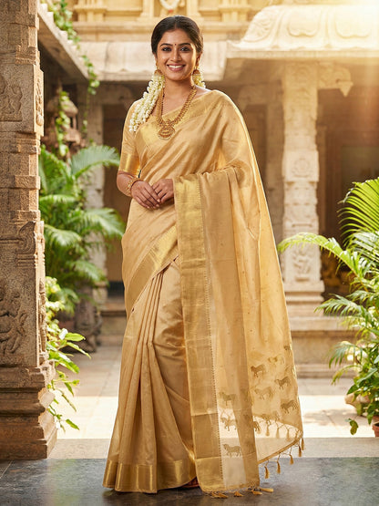 Beige gold silk saree with traditional zari border and horse pallu design