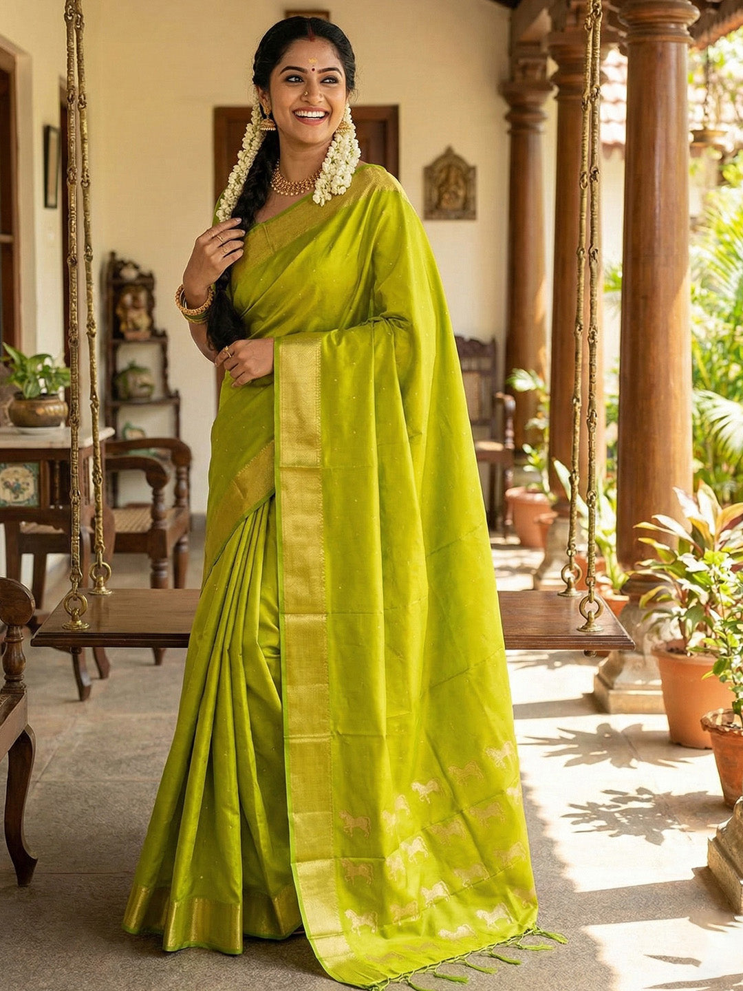 Parrot Green Silk Saree with Gold Zari Border & Traditional Horse Motif
