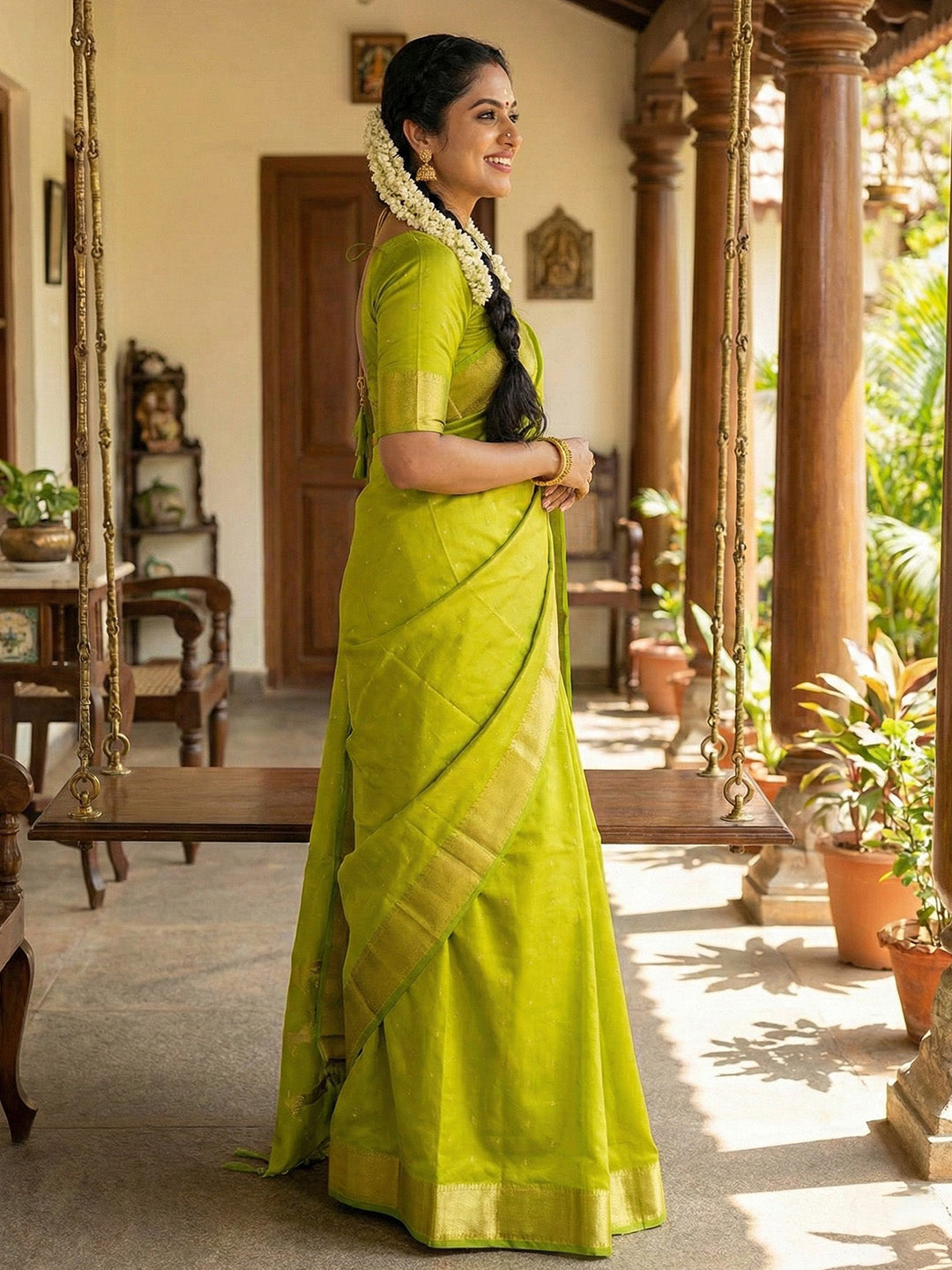 Parrot Green Silk Saree with Gold Zari Border & Traditional Horse Motif