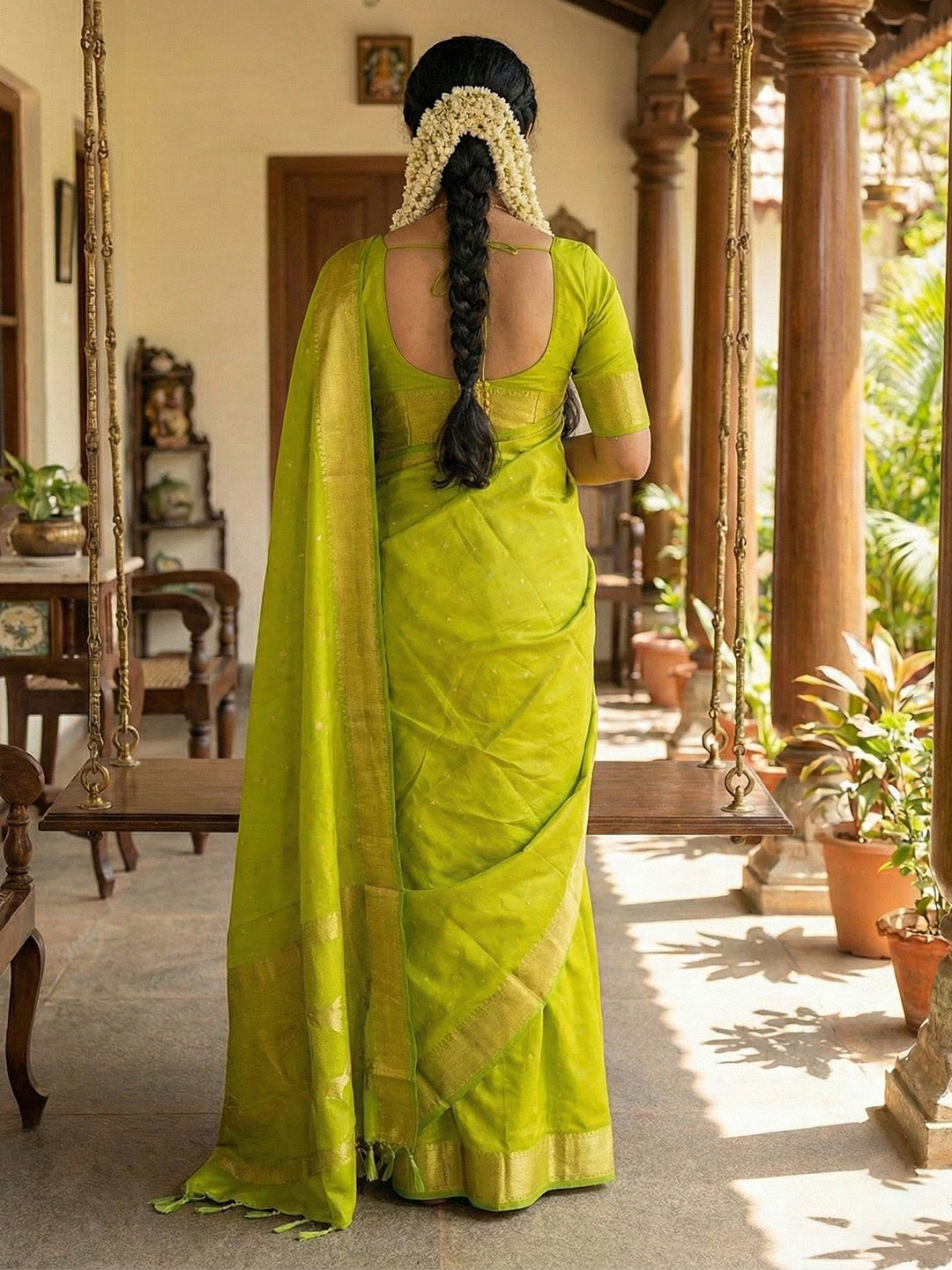 Parrot Green Silk Saree with Gold Zari Border & Traditional Horse Motif