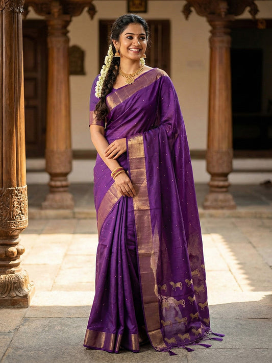 Purple silk saree with gold zari border and traditional woven horse motifs