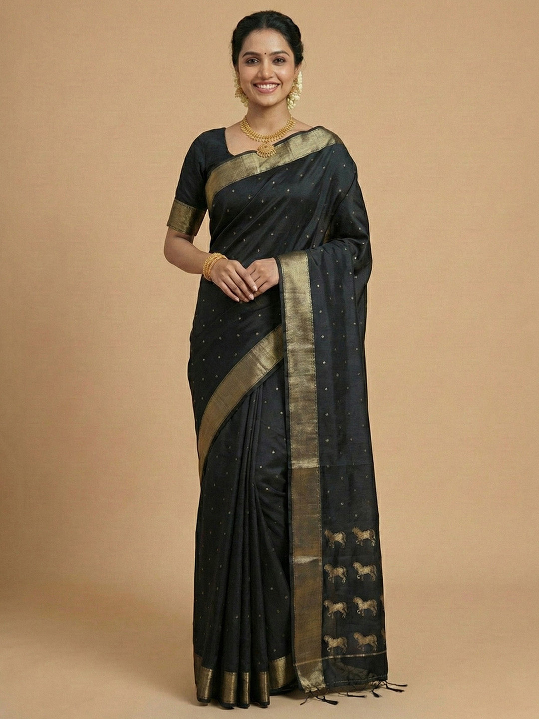 Sutriti Stunning Black Soft Silk Saree with Gold Zari & Galloping Horse Motifs