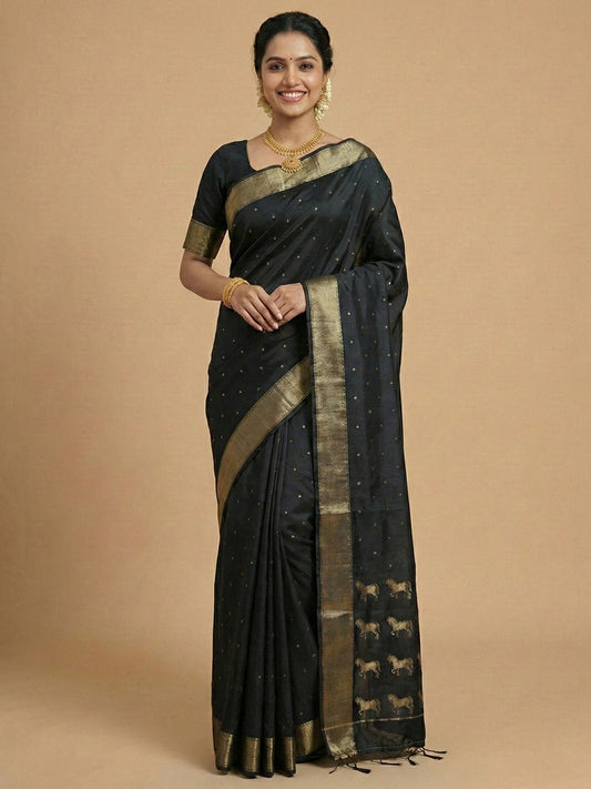 Sutriti Stunning Black Soft Silk Saree with Gold Zari & Galloping Horse Motifs