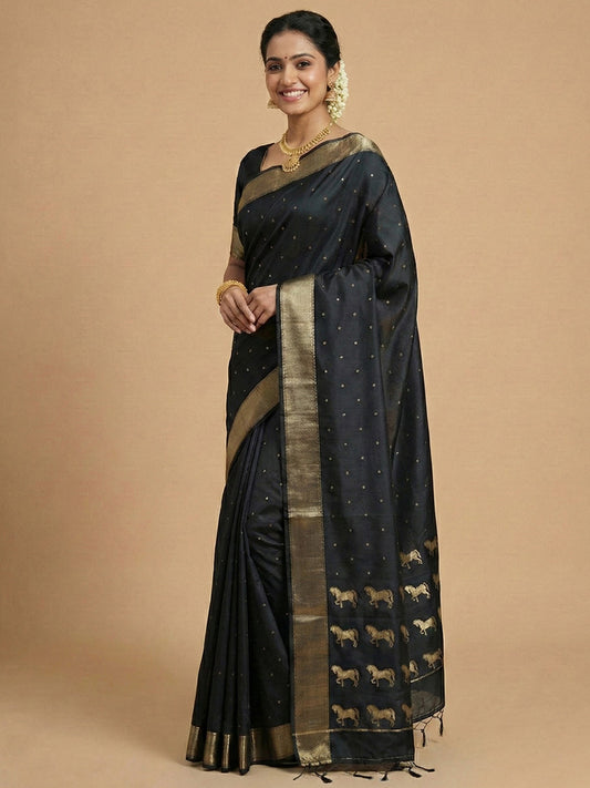 Sutriti Stunning Black Soft Silk Saree with Gold Zari & Galloping Horse Motifs