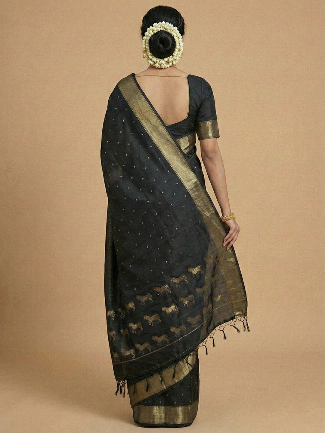 Sutriti Stunning Black Soft Silk Saree with Gold Zari & Galloping Horse Motifs