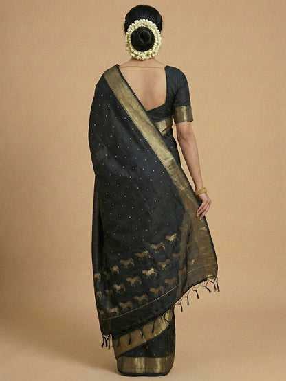 Sutriti Stunning Black Soft Silk Saree with Gold Zari & Galloping Horse Motifs