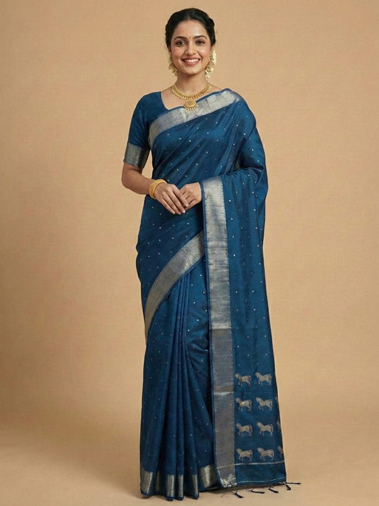 Sutriti Peacock Teal Blue Soft Silk Saree | Royal Ashwa Design & Zari Border