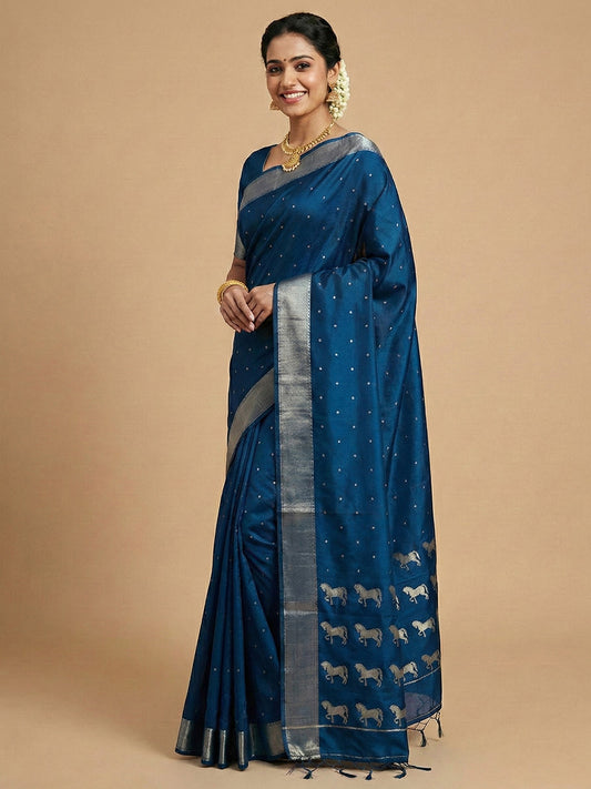 Sutriti Peacock Teal Blue Soft Silk Saree | Royal Ashwa Design & Zari Border