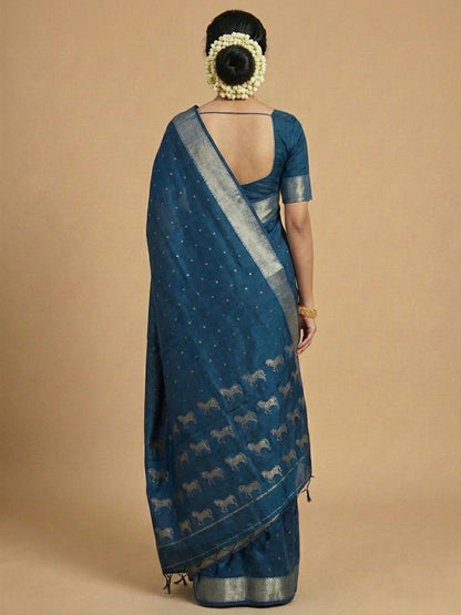 Sutriti Peacock Teal Blue Soft Silk Saree | Royal Ashwa Design & Zari Border