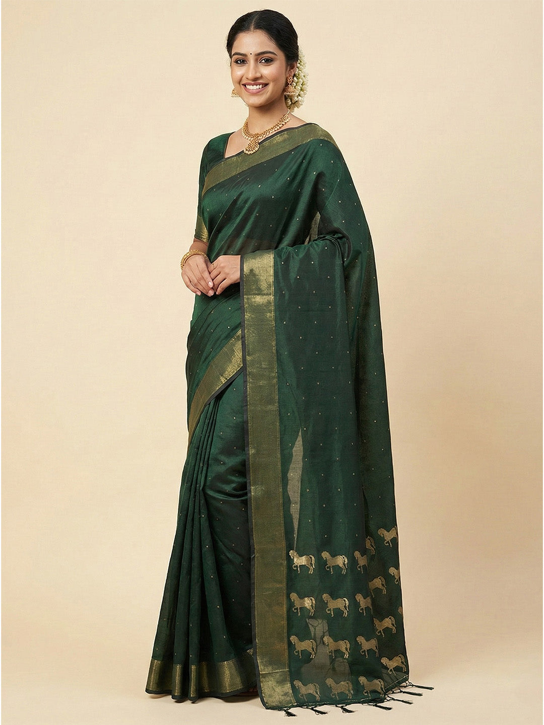 Sutriti Dark Bottle Green Soft Silk Saree | Traditional Temple Border & Horse Motif
