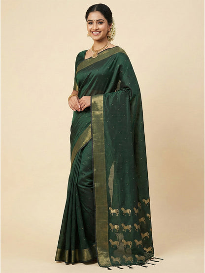 Sutriti Dark Bottle Green Soft Silk Saree | Traditional Temple Border & Horse Motif