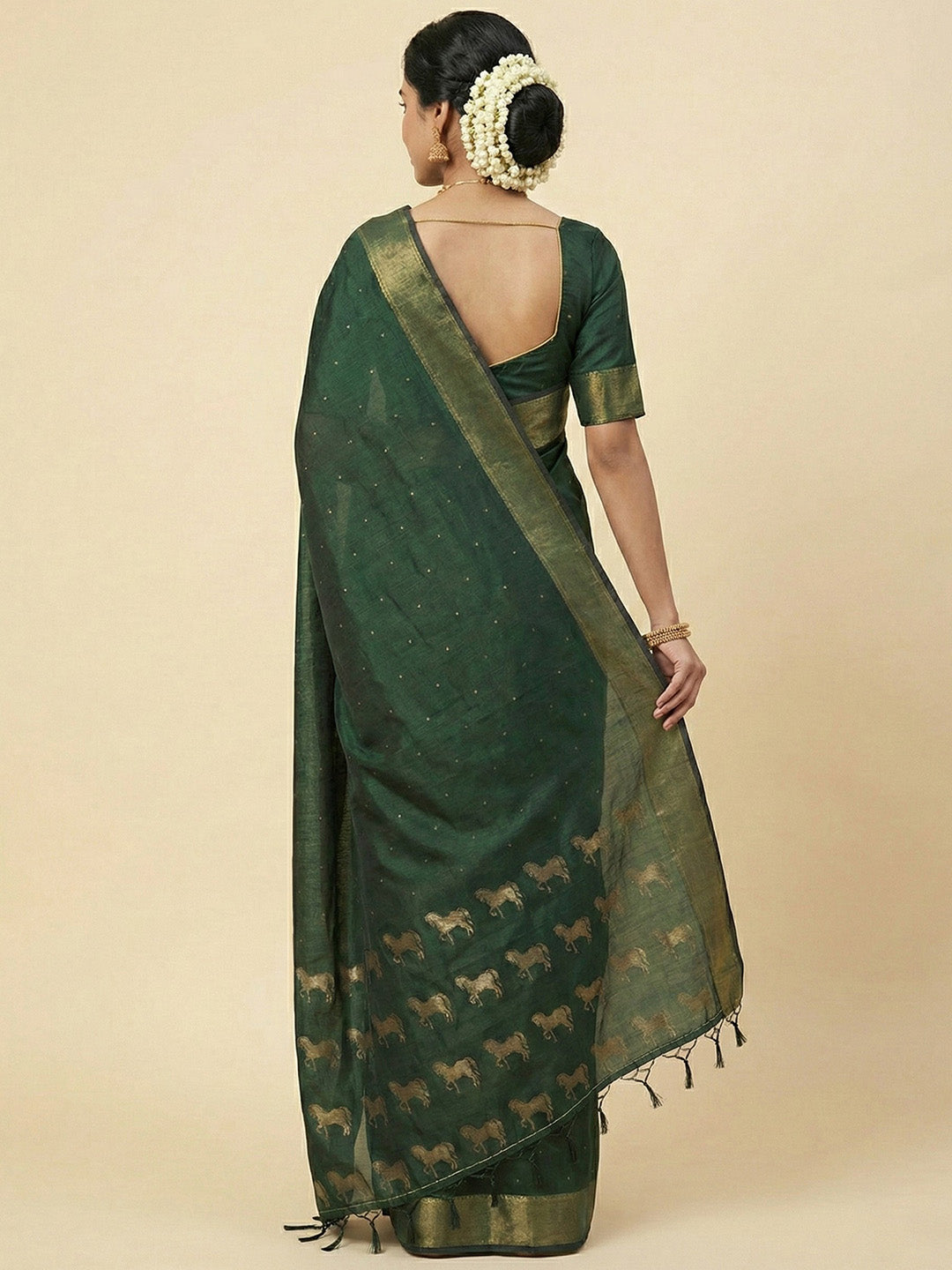 Sutriti Dark Bottle Green Soft Silk Saree | Traditional Temple Border & Horse Motif