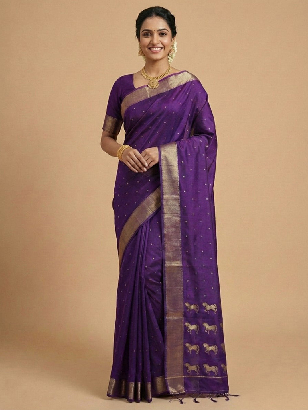 Sutriti Majestic Purple Soft Silk Saree | Violet Zari Saree with Horse Pattern