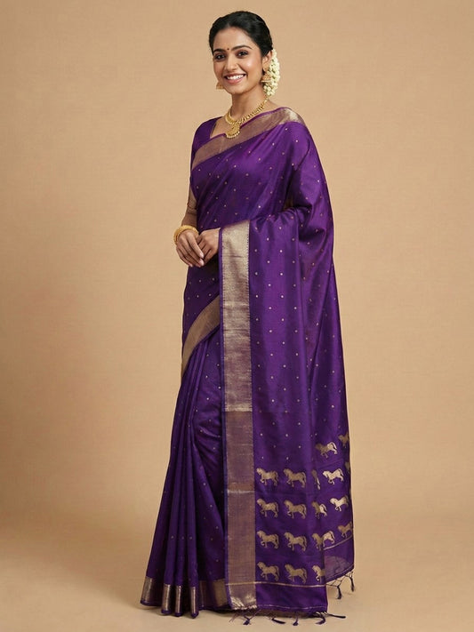 Sutriti Majestic Purple Soft Silk Saree | Violet Zari Saree with Horse Pattern