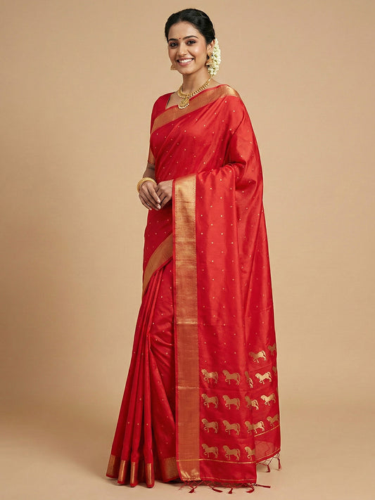 Sutriti Auspicious Red Soft Silk Saree | Bridal & Puja Wear with Gold Zari