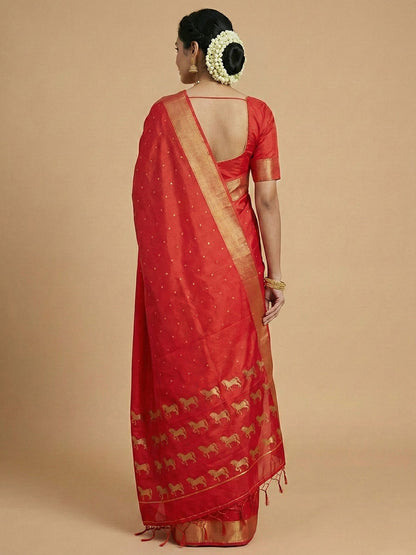 Sutriti Auspicious Red Soft Silk Saree | Bridal & Puja Wear with Gold Zari