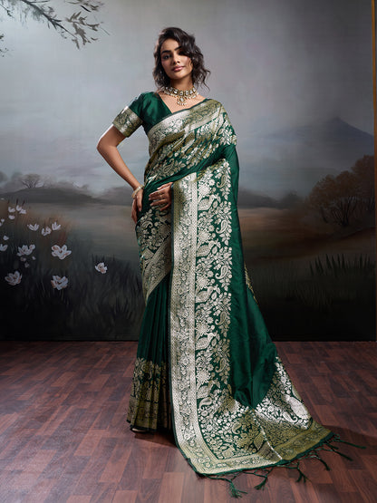 Sutriti Women's Dark Green Banarasi Silk Saree for Festive & Wedding Wear