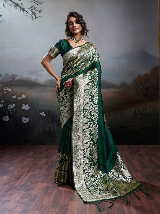Sutriti Women's Dark Green Banarasi Silk Saree for Festive & Wedding Wear
