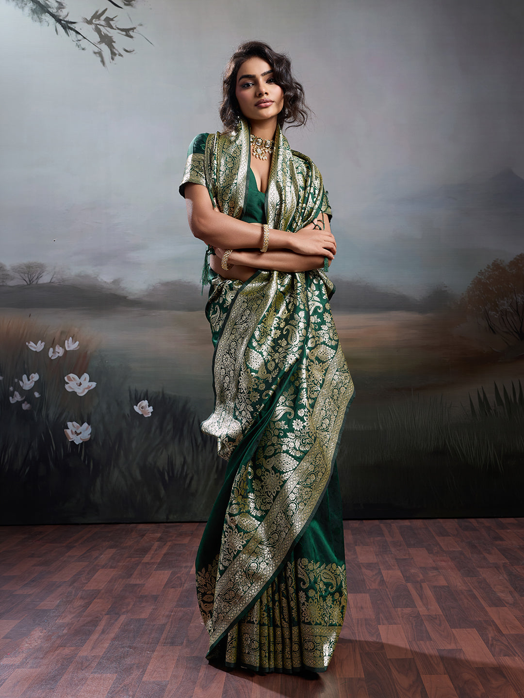 Sutriti Women's Dark Green Banarasi Silk Saree for Festive & Wedding Wear