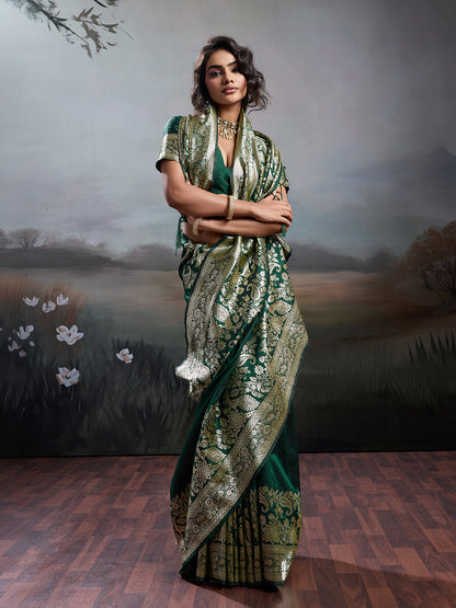 Sutriti Women's Dark Green Banarasi Silk Saree for Festive & Wedding Wear