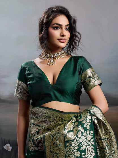 Sutriti Women's Dark Green Banarasi Silk Saree for Festive & Wedding Wear