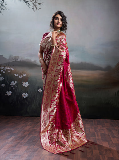 Sutriti Women's Maroon Banarasi Silk Saree for Festive PSofty & Wedding Ethnic Wear