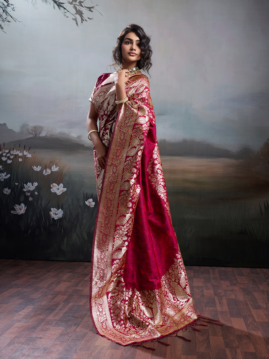 Sutriti Women's Maroon Banarasi Silk Saree for Festive PSofty & Wedding Ethnic Wear