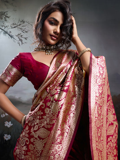 Sutriti Women's Maroon Banarasi Silk Saree for Festive PSofty & Wedding Ethnic Wear