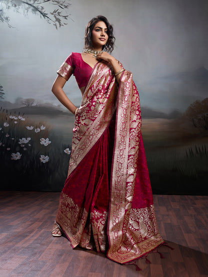 Sutriti Women's Maroon Banarasi Silk Saree for Festive PSofty & Wedding Ethnic Wear