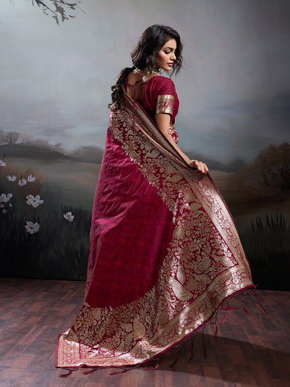 Sutriti Women's Maroon Banarasi Silk Saree for Festive PSofty & Wedding Ethnic Wear