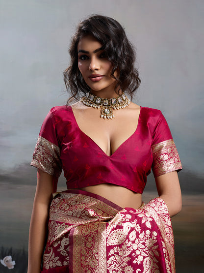 Sutriti Women's Maroon Banarasi Silk Saree for Festive PSofty & Wedding Ethnic Wear