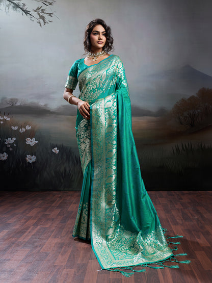 Sutriti Women's Teal Green Banarasi Silk Saree for Festive PSofty & Wedding Wear