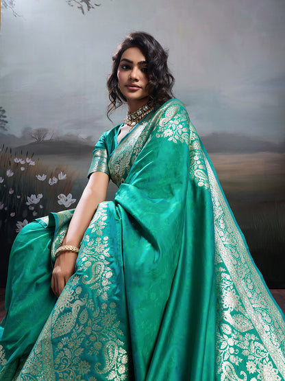 Sutriti Women's Teal Green Banarasi Silk Saree for Festive PSofty & Wedding Wear