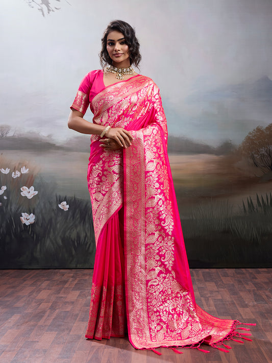 Sutriti Women's Rani Pink Banarasi Silk Saree for Festive PSofty & Wedding Ethnic Wear