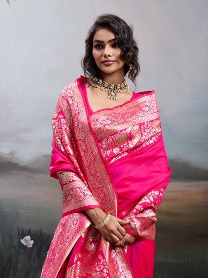 Sutriti Women's Rani Pink Banarasi Silk Saree for Festive PSofty & Wedding Ethnic Wear