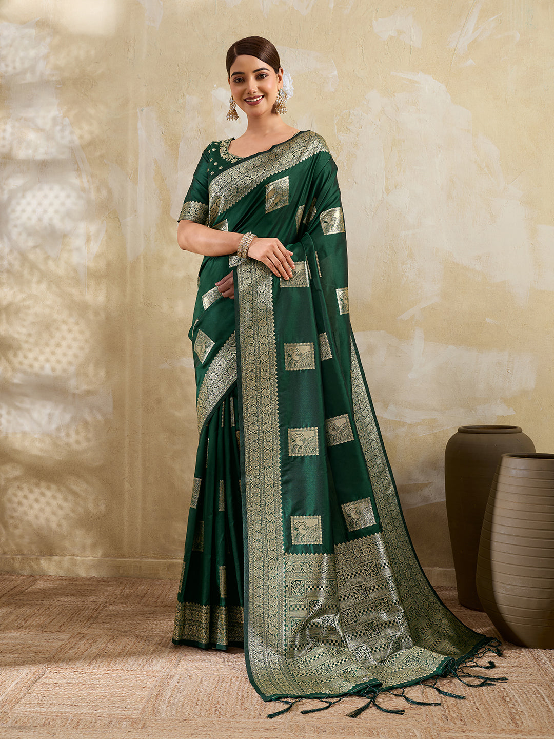 Sutriti Dark Green Banarasi Soft Silk Saree for Women Festive Wedding PSofty Wear Ethnic Saree