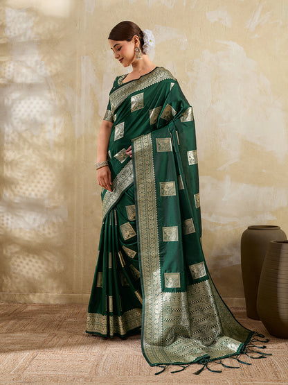 Sutriti Dark Green Banarasi Soft Silk Saree for Women Festive Wedding PSofty Wear Ethnic Saree