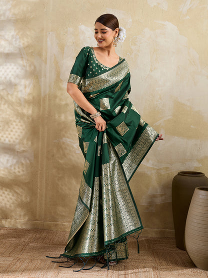 Sutriti Dark Green Banarasi Soft Silk Saree for Women Festive Wedding PSofty Wear Ethnic Saree