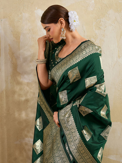 Sutriti Dark Green Banarasi Soft Silk Saree for Women Festive Wedding PSofty Wear Ethnic Saree