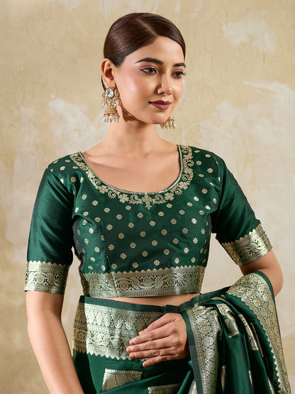 Sutriti Dark Green Banarasi Soft Silk Saree for Women Festive Wedding PSofty Wear Ethnic Saree