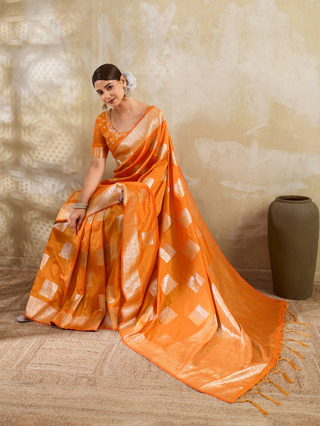 Sutriti Orange Banarasi Soft Silk Saree for Women Festive Wedding PSofty Wear Ethnic Saree