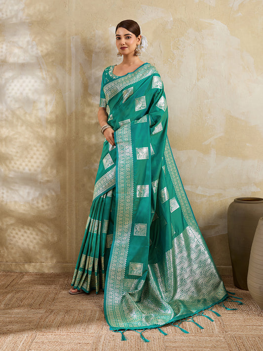 Sutriti Teal Banarasi Soft Silk Saree for Women Festive Wedding PSofty Wear Ethnic Saree