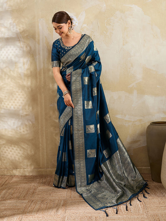 Sutriti Navy Blue Banarasi Soft Silk Saree for Women Festive Wedding PSofty Wear Ethnic Saree