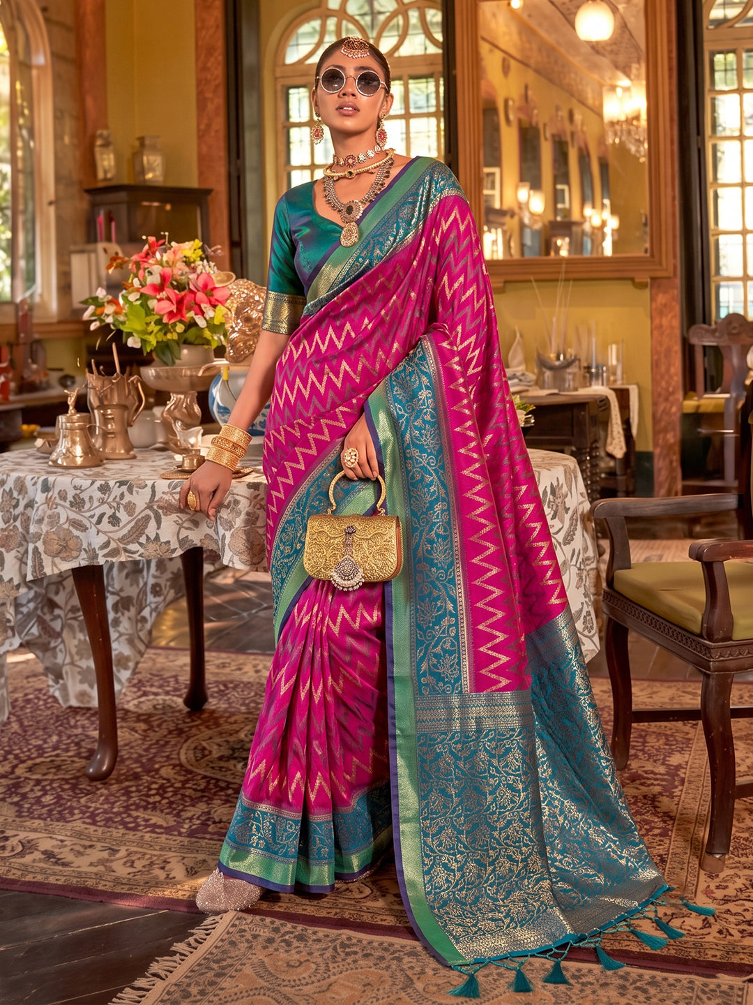 Sutriti Rani Pink Banarasi Silk Saree With Teal Border | Women's Royal Wedding Attire
