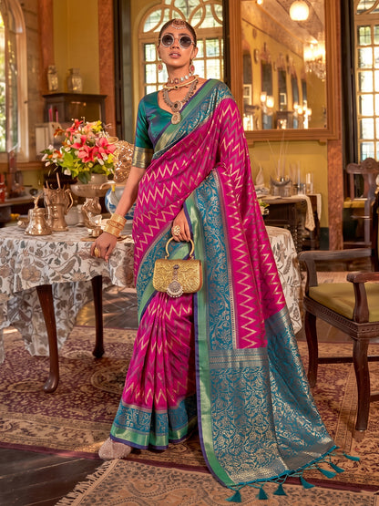 Sutriti Rani Pink Banarasi Silk Saree With Teal Border | Women's Royal Wedding Attire