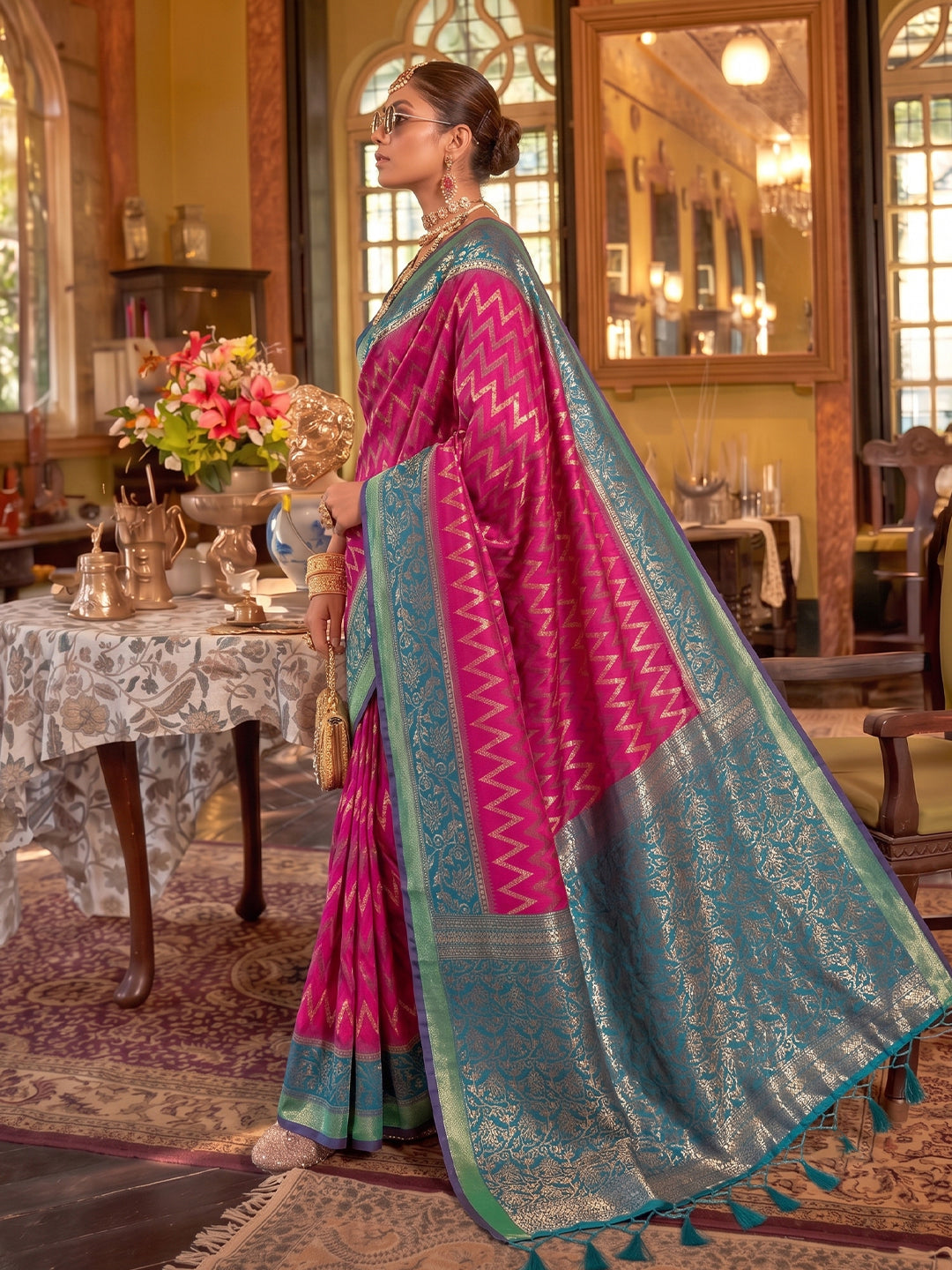 Sutriti Rani Pink Banarasi Silk Saree With Teal Border | Women's Royal Wedding Attire