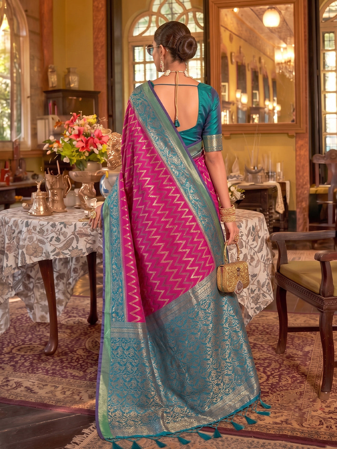Sutriti Rani Pink Banarasi Silk Saree With Teal Border | Women's Royal Wedding Attire